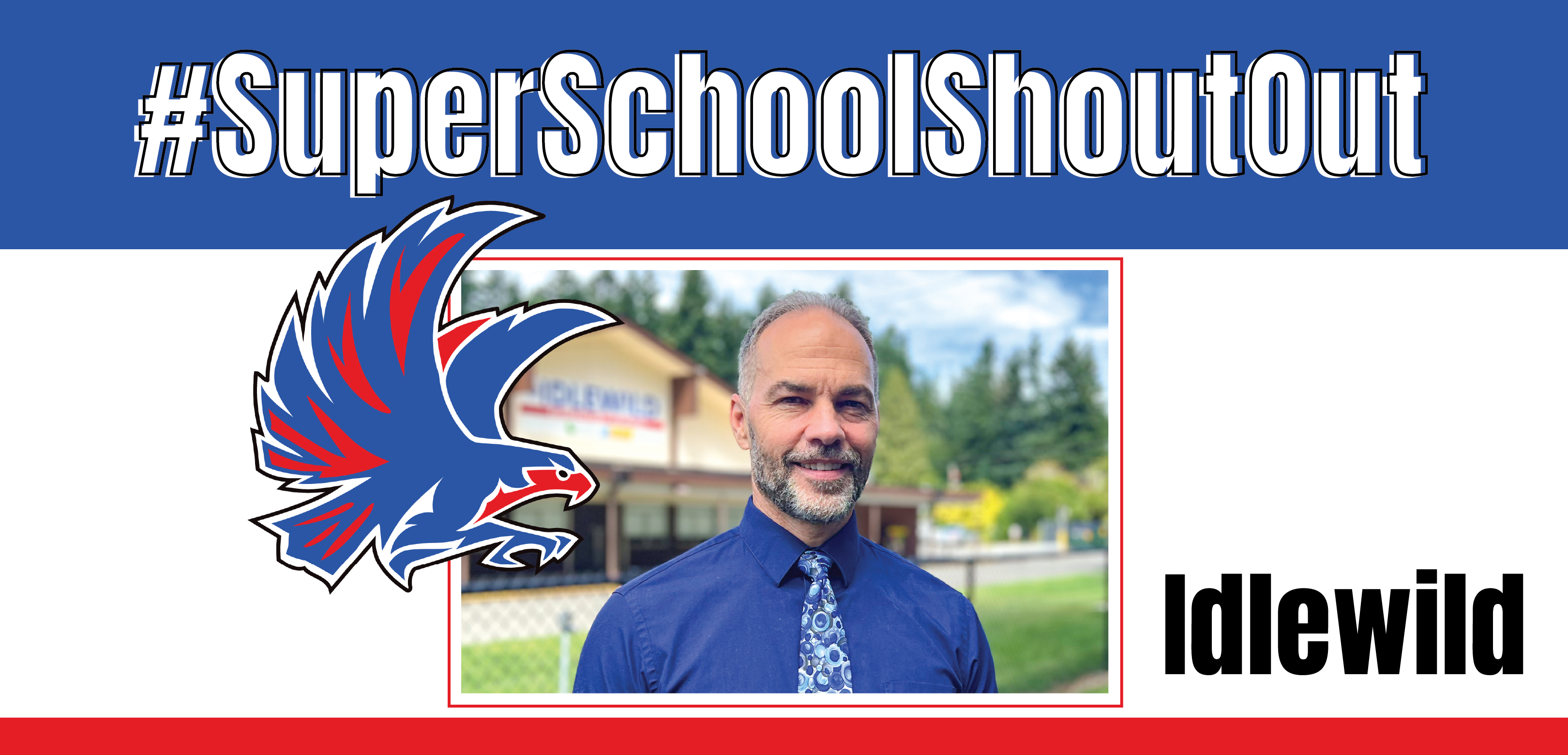 #SuperSchoolShoutout: Idlewild. Photo of Principal Greg Wilson with the Falcon logo.